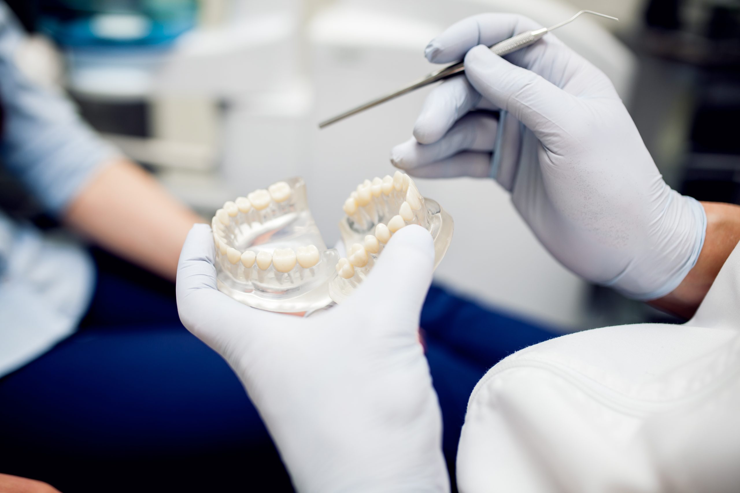 Dentist examining a denture model to explain mini dental implants